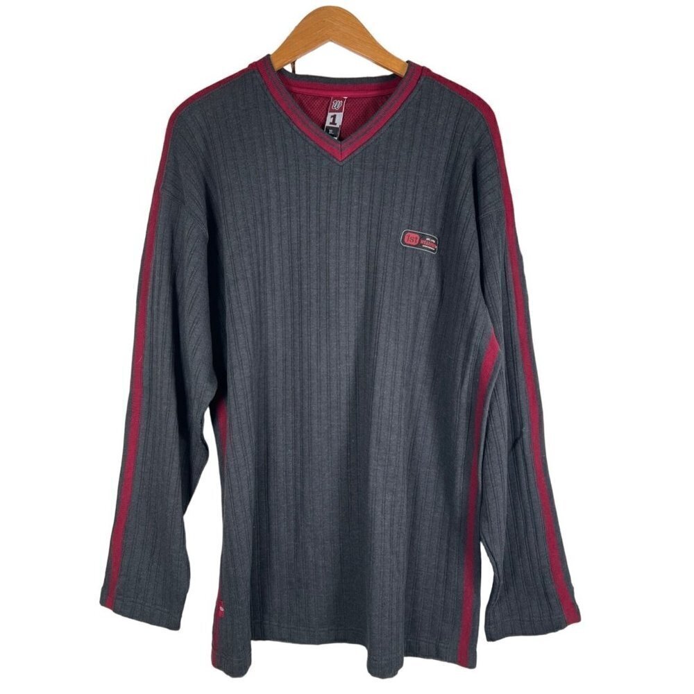 Wearfirst Sportswear Mens Size XL Top Grey Ribbed Pullover V Shirt Wine Trim L/S